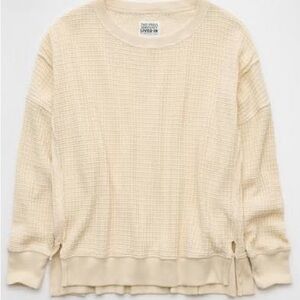 American Eagle Cream Big Hug Waffle Crew Neck Sweatshirt xxsmall (oversized fit)